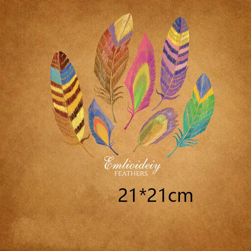 

21x21cm Colorful feather Iron On Stickers Washable Appliques A-level Patches Heat Transfer For DIY Accessory Clothing
