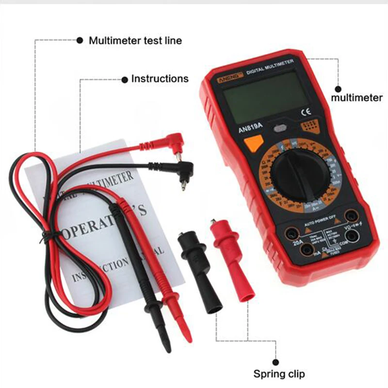 Aneng An819A цифровой мультиметр Ac/Dc Напряжение Амперметр Емкость Сопротивление Триод Тестер измеритель тока+ Крокодил Зажимы