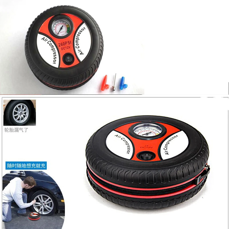 New Round Inflatable Portable 12V Tire Inflator Car Air Compressor Pump Auto 260PSI 3 x Nozzle Adapter High Quality