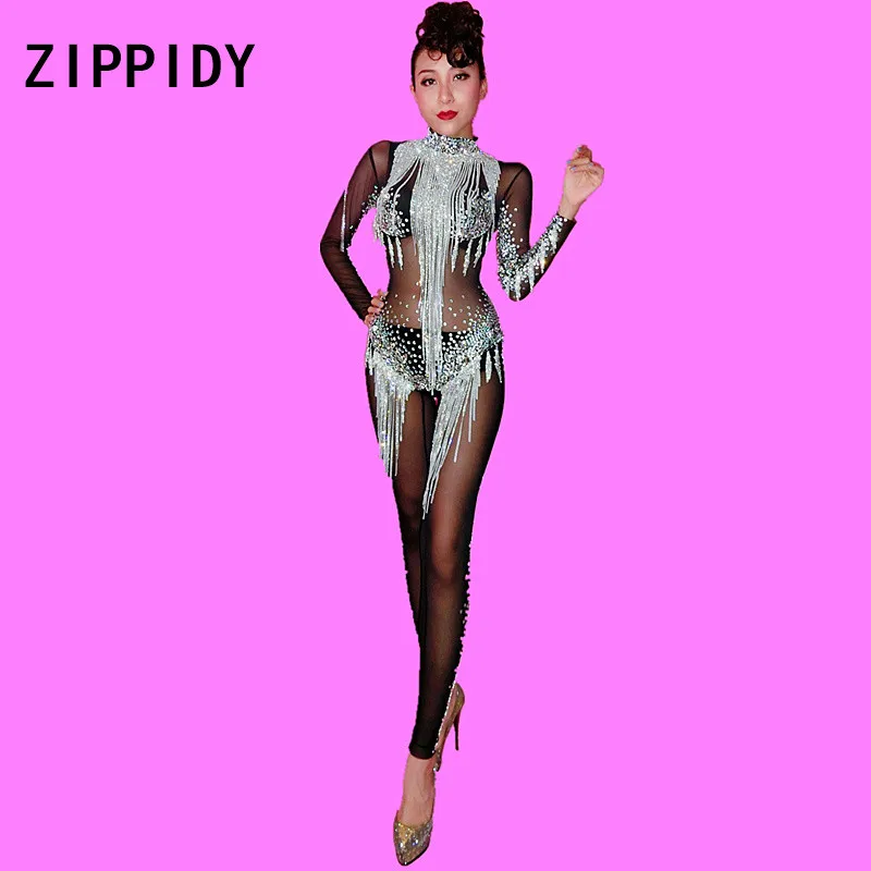 Sparkly Silver Rhinestones Tassel Mesh Jumpsuit Big Diamonds Bodysuit