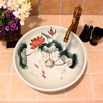 

China Artistic Handmade Red Lotus PaintingCeramic wash basin Round Counter top wash sink art round wash basin