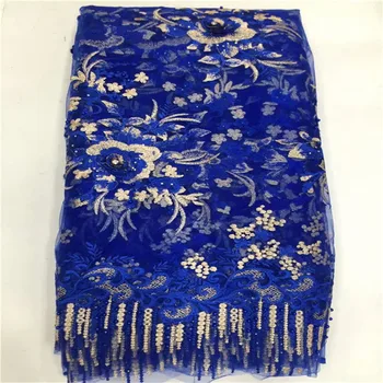 

2019 blue High Quality French 3D Tulle Beaded African Lace Fabric big stones Embroidered Nigerian Lace Fabrics For Wowen Dress