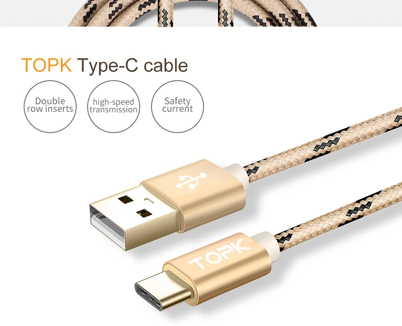 USB C кабель TOPK 5 шт. в упаковке ультра прочный и Дата-кабель usb type C кабель для OnePlus 2 3 Nexus 5X/6P xiaomi mi5 huawei P9 Lumia 950