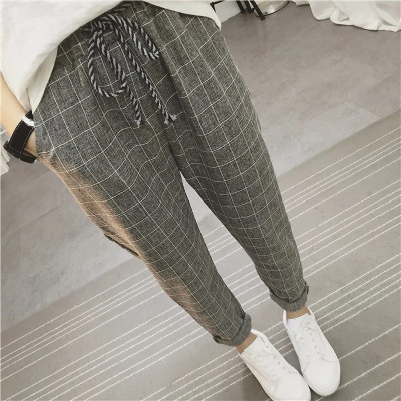 Women's Pants 2020 New Summer Casual Loose Harem Pants Cotton Linen Plaid Capris Grid Spring Literary Trousers Sarouel Femme Women's Pants 2020 New Summer Casual Loose Harem Pants Cotton Linen Plaid Capris Grid Spring Literary Trousers Sarouel Femme