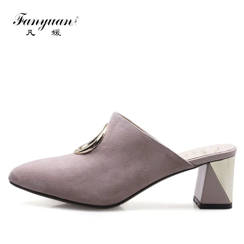 

Fanyuan Leather Suede Sandals Summer Slippers Women Elegant Pointed Slides Women Mental Ring Ladies Slippers Mules Summer Shoes