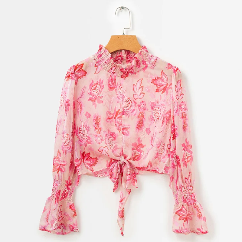 ShejoinSheenjoy Boho Floral Print Chiffon Blouse Flare Sleeve Autumn Stand Women Tops Pink Waist Bow Tie Ladies Casual Shirt (12)