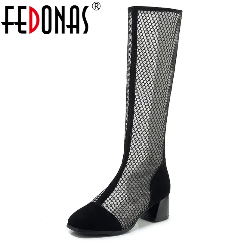 

FEDONAS 2019 Summer New Fashion Hollow Mesh Cow Suede Women Mid-calf Boots Comfortable Breathable High Heels Party Shoes Woman