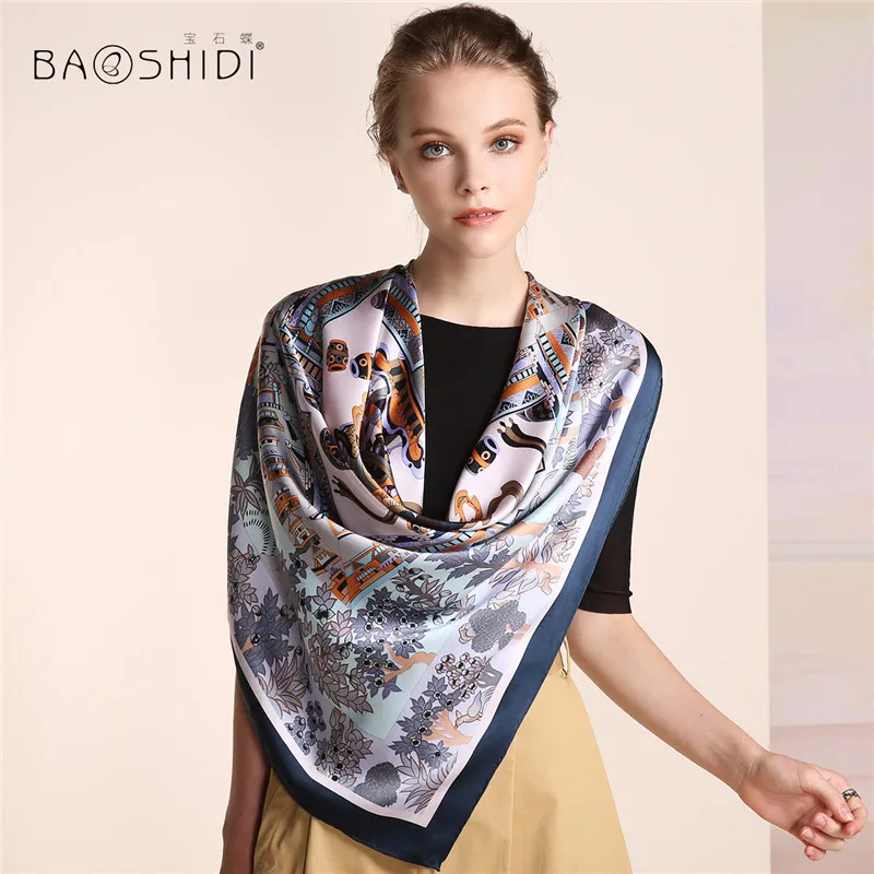 

[BAOSHIDI]2016 Autumn New Arrival,16m/m Women 100%Silk scarf Luxury Brand,Square Pure Scarves,Traditional Chinese element scarfs