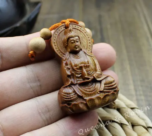 Wood Carving Chinese Buddhism Guan Kwan Yin Buddha Statue Pendant Key Chain