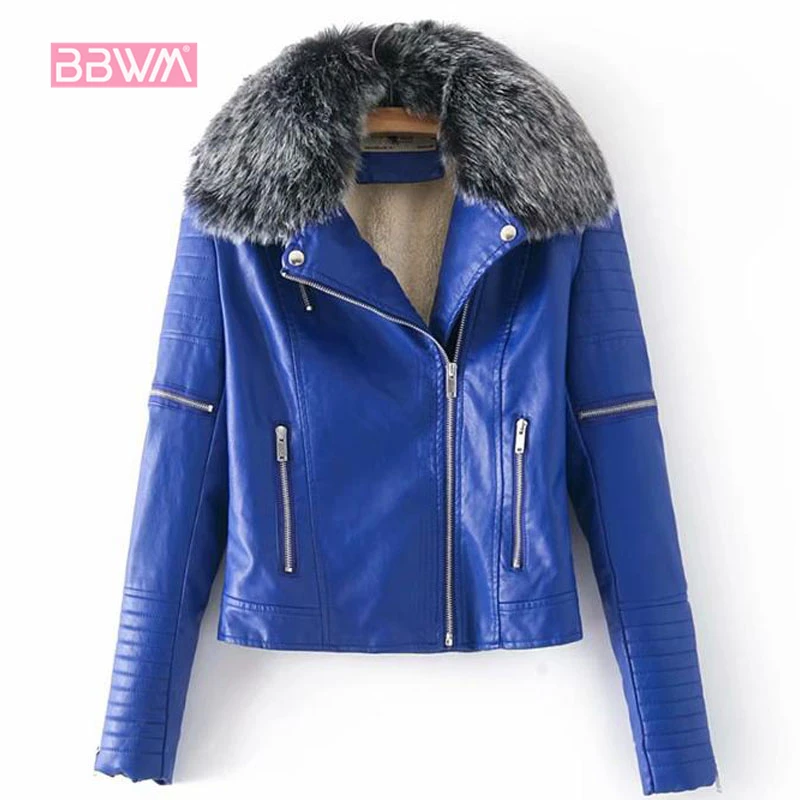 

Hair collar women's 2018 winter new leather slim slimming lapel PU leather jacket plus velvet warm female jacket coat Red Black
