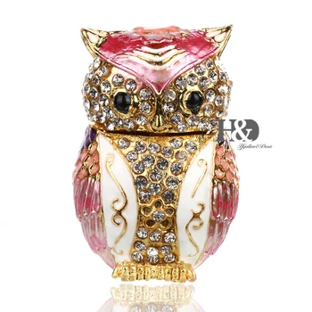 

H&D 2.3inch Owl Jewelry Trinket Box Hinged Metal Enameled Animal Figurine Collectable Wedding Jewelry Ring Holder Organizer Gift