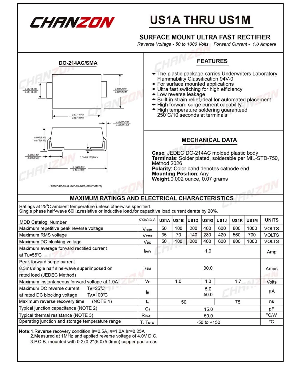(100 шт.) US1M SMD Ultra быстрое восстановление выпрямительного диода 1A 1000 V 50 75ns SMA (DO 214AC) 1