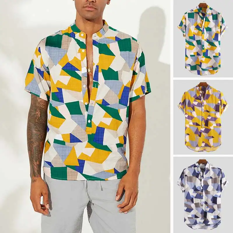 

Summer Fashion Geometric Print Men Shirt Stand Collar Button Pullover Short Sleeve Breathable Chic Hawaiian Beach Shirt Men 2019