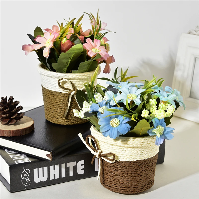 

Artificial Flowers Fake Gerbera Flowers + Rattan Vase Simulation Plant Mini Bonsai Set for Wedding Party Home Garden Decoration