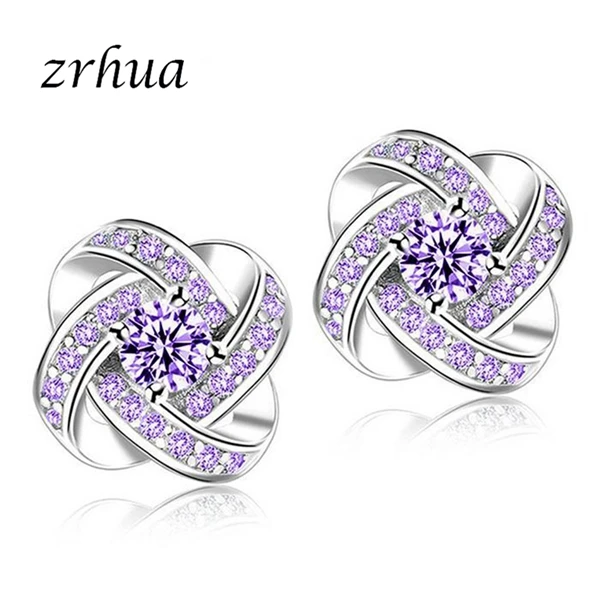 ZRHUA Персонализированные 925 пробы серебряные Кристальные серьги-гвоздики для женщин дамы кубический цирконий Свадебная Сережка бижутерия аксессуар - Окраска металла: Purple