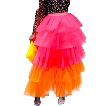 

Summer Colorful Layers High Waist Long Skirt Women A-Line Tulle Pleated Skirt Patchwork Casual Streetwear Ruffle Tutu Skirts