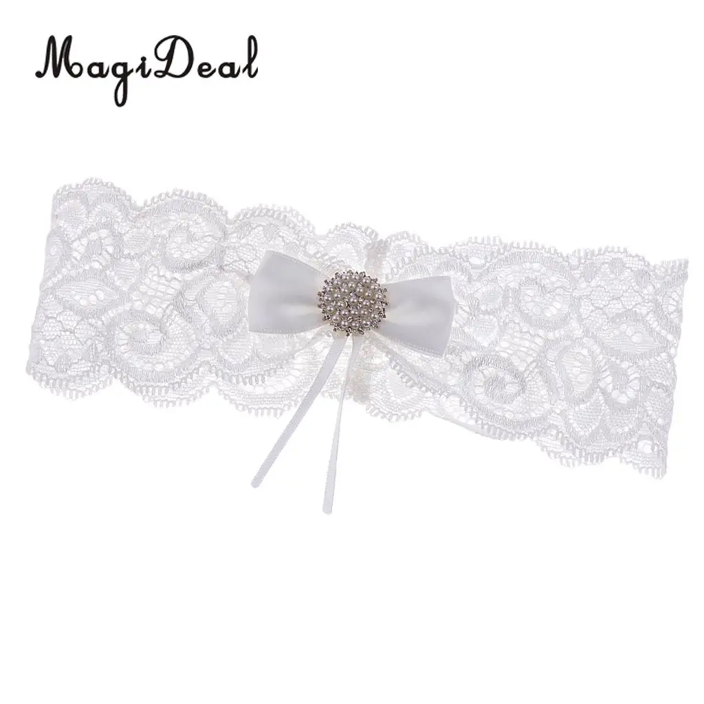 MagiDeal Romantic Wedding Bridal Lace Garter Pearls Rhinestone Bow Garter White
