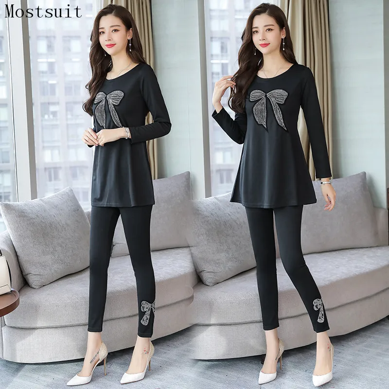 

Plus Size Black Casual Beading Two Piece Set Women Long Sleeve Tops+skinny Elastic Wait Pants Sets Suits Women's Costumes M-5xl