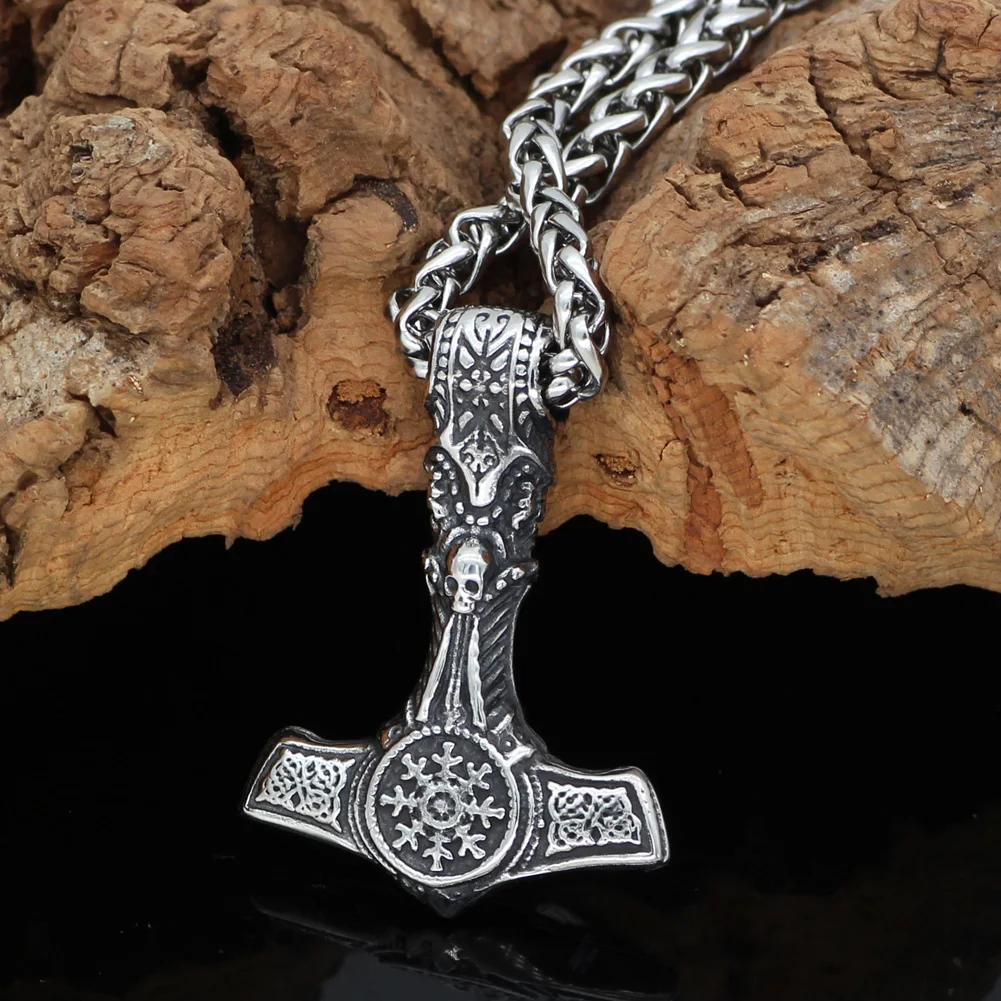 Скандинавский Викинг Mjolnir из нержавеющей стали Thor Hammer череп руля Awe ожерелье для