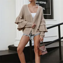 Новые модные женские топы с оборками на рукавах, свитер весна осень зима, Повседневный свитер с длинными рукавами, женский серый/кардиган цвета хаки, свитера
