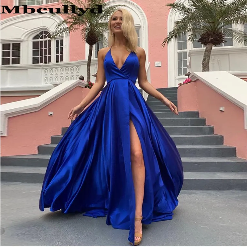 

Mbcullyd A Line Royal Blue Evening Dress with High Slit 2019 Elastic Satin Long Prom Party vestidos de fiesta de noche Cheap