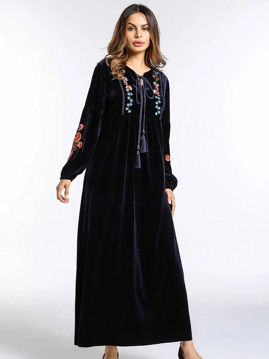 Модные женские макси платья вышивка бархат зима abaya теплые халаты свободный стиль мусульманский стиль; Ближний Восток Арабский исламский одежда