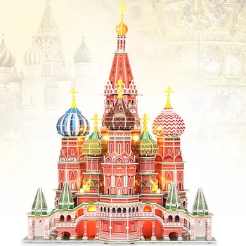 

Classic Jigsaw Puzzle Voice control LED Russia Moscow Saint Basil's Cathedral Brick Toys Scale Models Sets Building Paper