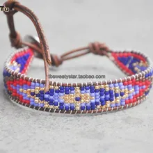 Женские синие смесь бисера кожаный браслет обруча