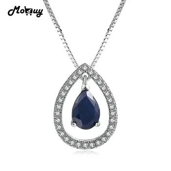 MoBuy MBNI059 Luxury Natural Gemstone Teardrop Sapphire Necklace & Pendant 925 Sterling Silver Box Chain Fine Jewelry For Women