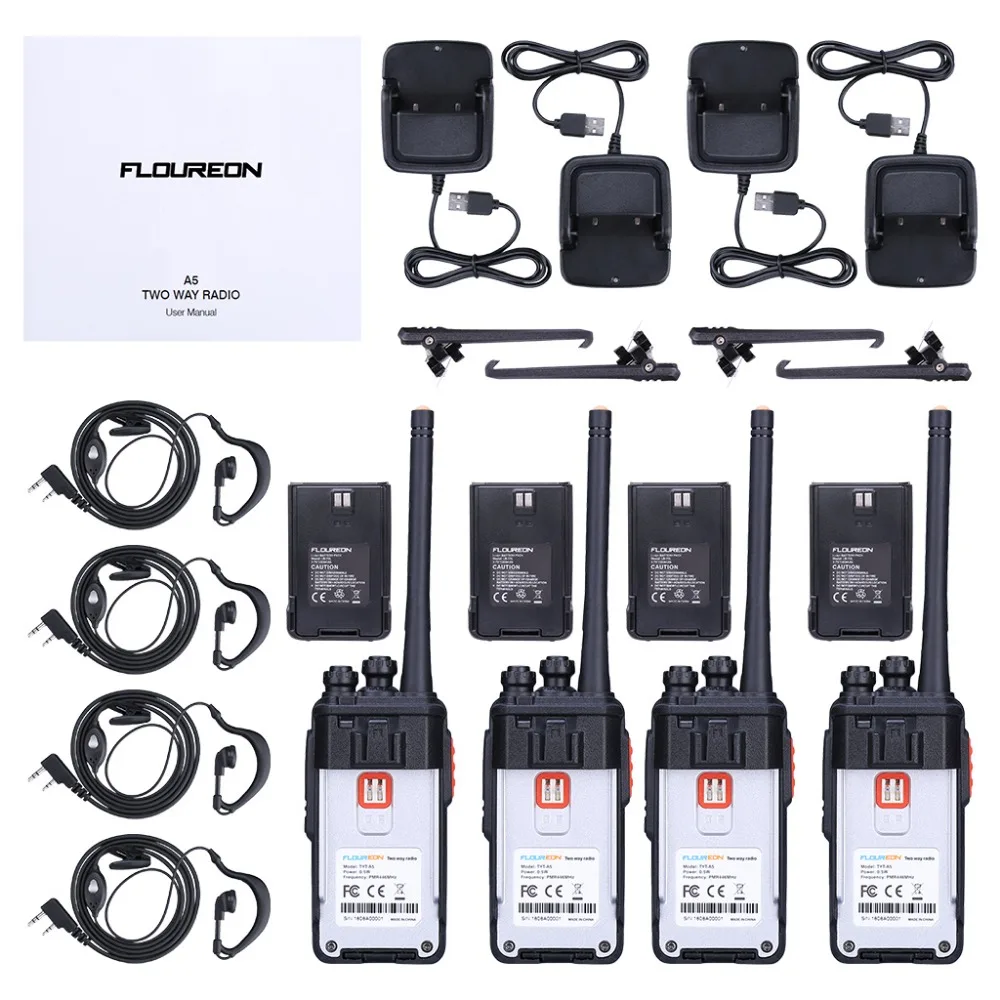 Floureon 2 пара 16CH waklie радиостанция UHF400 ~ 480 мГц 2-передающие устройства USB Зарядное устройство литий-ионный Батарея 12 км заряжать переговорные
