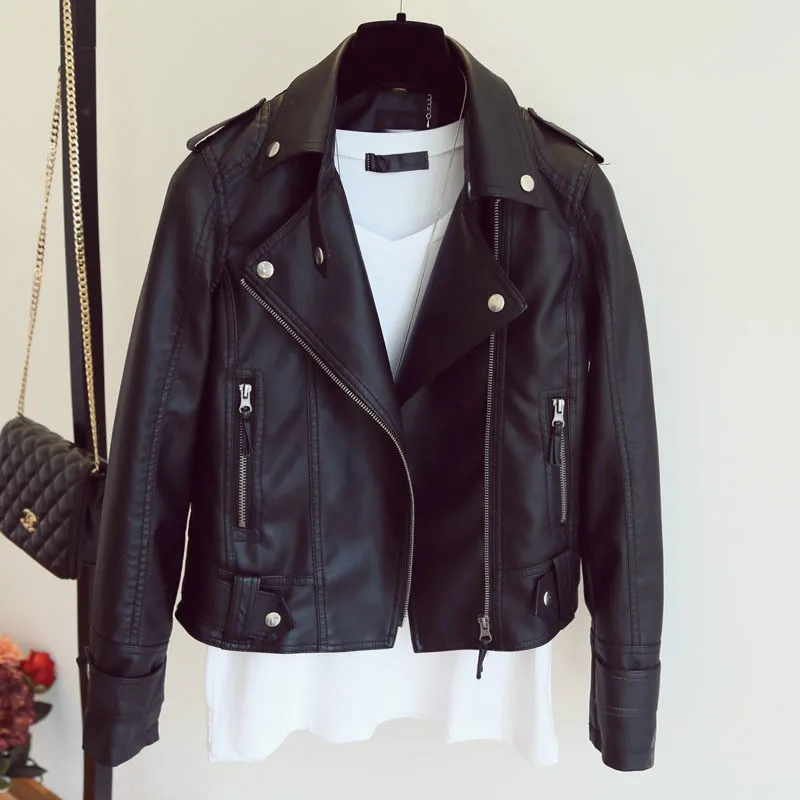 

Female 2019 New Design Spring Autumn PU Leather Jacket Faux Soft Leather Coat Slim Black Rivet Zipper Motorcycle Black Jackets