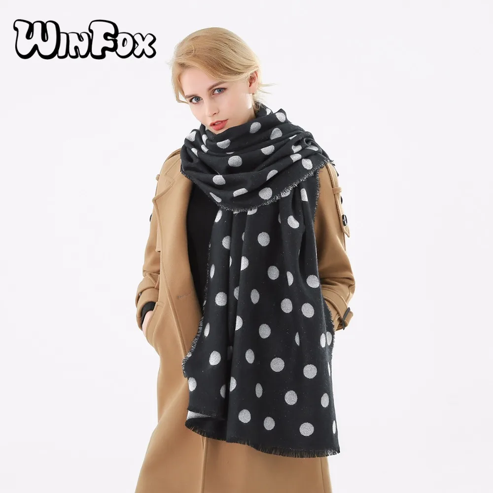 Winfox 2018 Новый брендовый зимний черно белый блестящий кашемировый шарф в горошек с