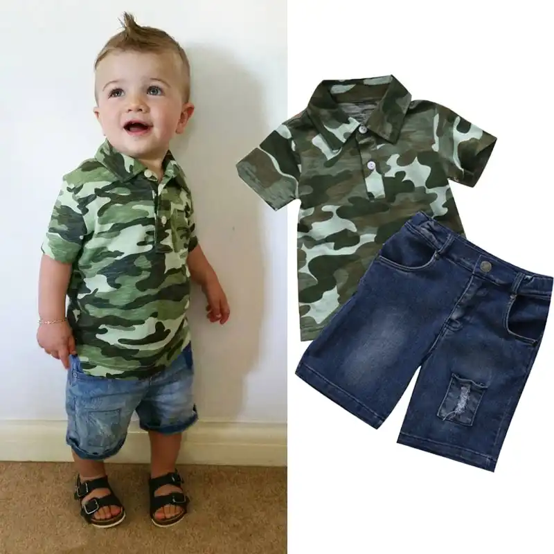 Toddler Kids Baby Boy Outfits Camouflage Print Tops T-Shirt Denim Hole Pants Set