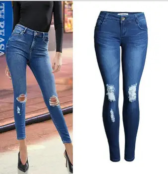 

2018 New Ladies Jeans High Waist BF Spring Slim Pencil Pants Stretch Jeans Female Hole Pants Feet Pants