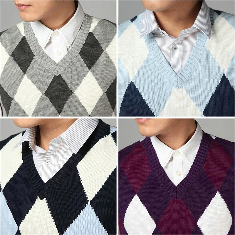 Модный дизайн, мужской жилет с v-образным вырезом, вязаный жилет, мужской свитер без рукавов с узором в виде Аргайла, розовый, фиолетовый, серый, темно-синий