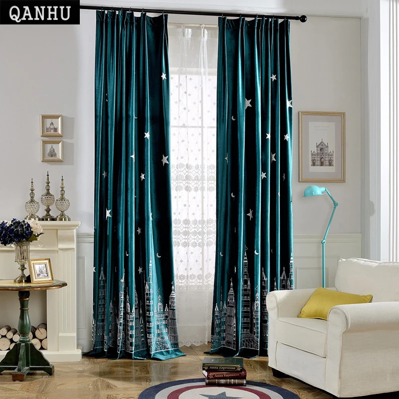 

QANHU Customize Modern Curtain Pattern Style Never City Brand Design Baby Room Landing Blackout Curtain Set A-29