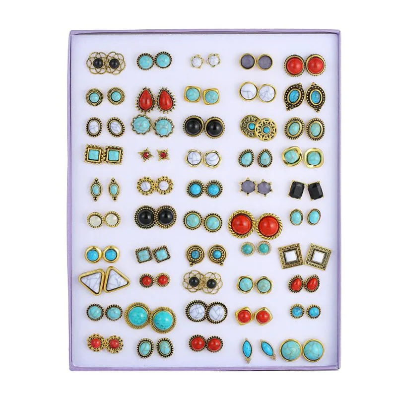 

50 Pairs/Set Random Vintage Stone Marble Stud Earrings For Women Fashion Jewelry Gold Metal Alloy Geometric Earring Set Mix Gift