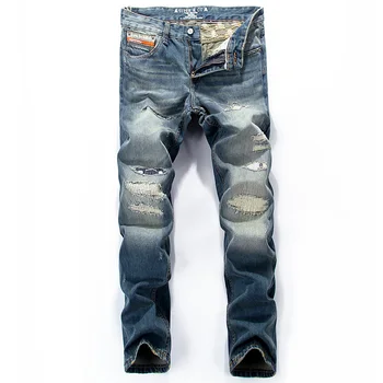 

Fashion Streetwear Men Jeans Retro Blue Slim Fit Patchwork Ripped Jeans Men Skull Embroidery Punk Pants Hip Hop Jeans Homme