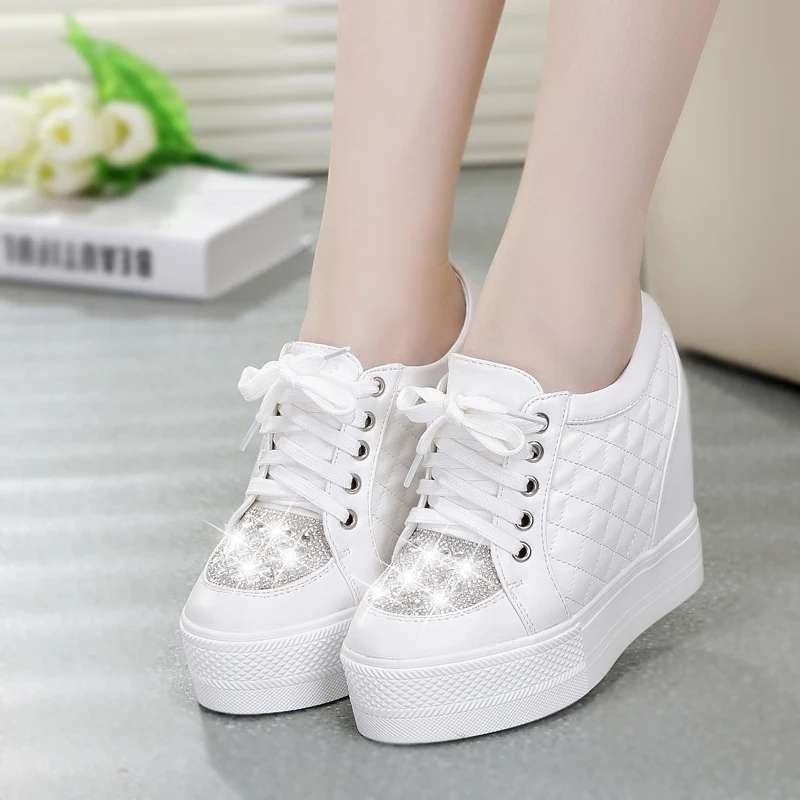 

Fashion Ladies Casuals Platforms Hight Increasing Rhinestone Spring Weaving Pure Color Ladies Sweet Casuals Students Wedges 80