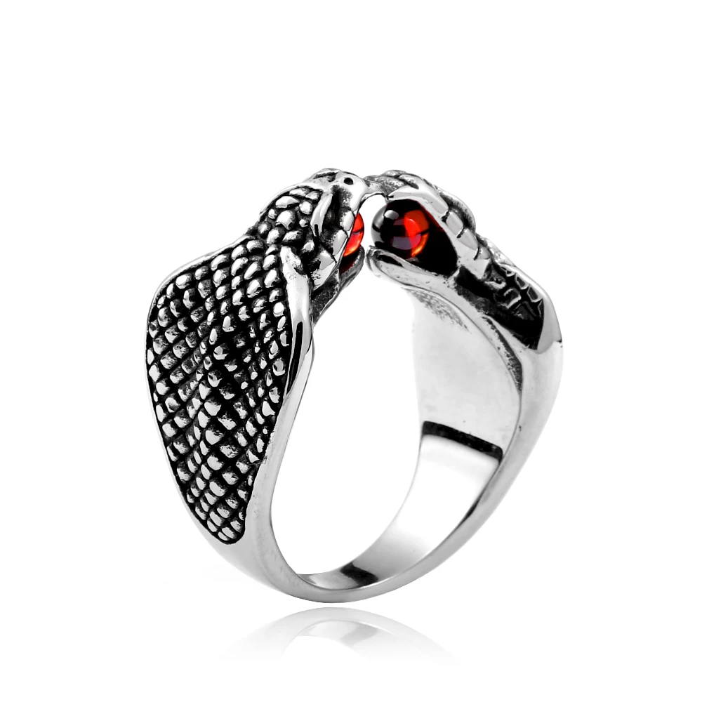 Кольцо из нержавеющей стали с двойной змеей с красным камнем панк крутые байкерские украшения кольцо