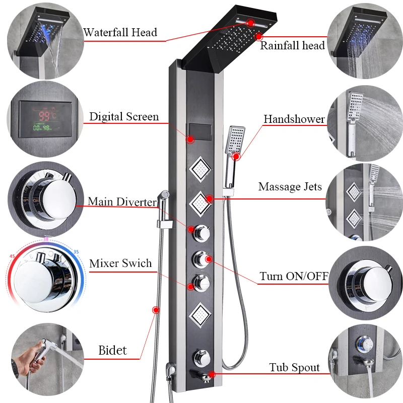 Роскошная душевая панель светодиодный светильник для ванной комнаты душевая колонка башня цифровой экран водопад Дождь душ смесители вращающийся массажные струи