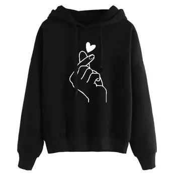 

Women Long Sleeve Solid Sweatshirt Drawstring Hooded Finger Heart Printed Loose Pullover Tops Rib Trim Student Thicken Tracksuit