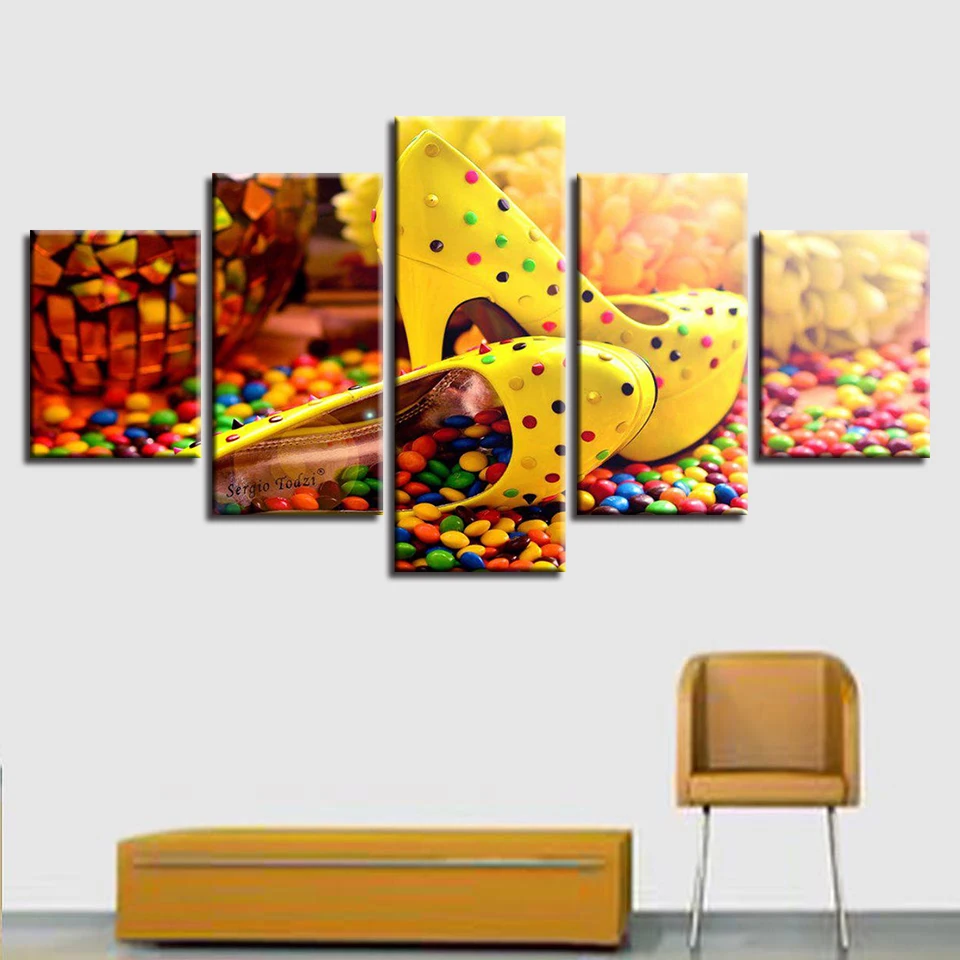 

Canvas HD Prints Painting Living Room Pictures 5 Pieces Coloured Candy Chocolate High Heels Poster Wall Art Home Decor Framework