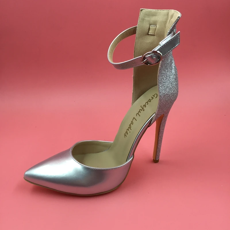 Silver Ankle Strap Tow piece Women Pumps High Heels PointedToe Ladies