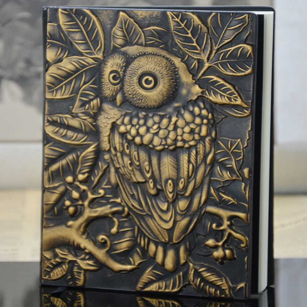

Notebook Hardcover Vintage A5 Handmade Embossed 3D Owl PU Leather Travel Journal Lined Pages Gift Diary Anniversary Writing