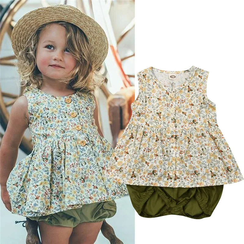 

Prairie Chic Toddler Kids Baby Girls Outfits Summer Flowers Buttons Tops Dress Shorts 2Pcs Baby Girl Cotton Clothes Sets 0-3Y