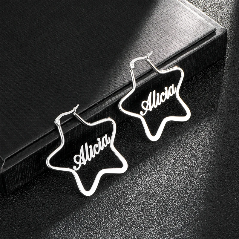 

Geometric Big Dangle Earrings Personalized Name Stainless Steel Letter Pentagram Custom Name Earrings For Women Girl Wedding
