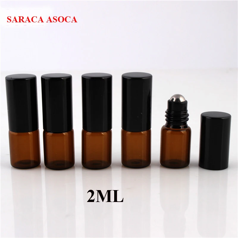 Whoelsael 2 ml 미니 브라운 컬러 볼 유리 병 100 개/몫 블랙 캡 스틸 볼 에센셜 오일 유리 리필 용 병