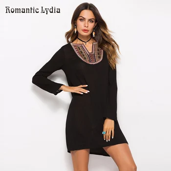 

Vintage Autumn T-Shirt Dress Women Ethnic Embroidery Casual Loose Long Sleeve Mini Dresses