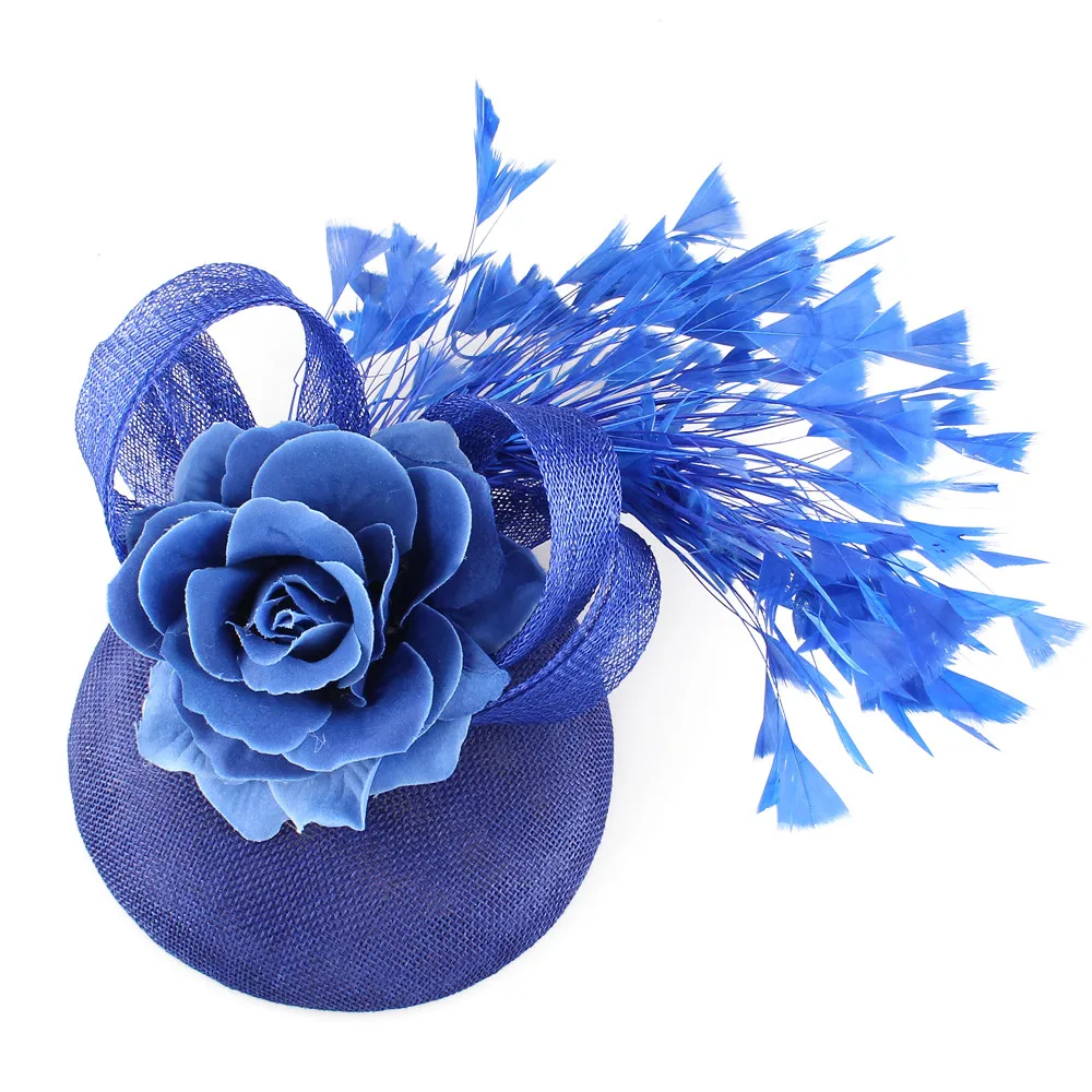 Модный Королевский синий головной убор Sinamay Свадебные шляпы цветочные с перьями заколка для волос для причесок случай церковный События Аксессуары для волос
